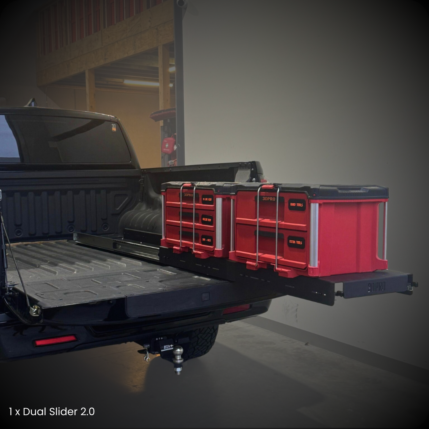 Red toolbox attached to a black truck bed with '1x Dual Slider 2.0' text.