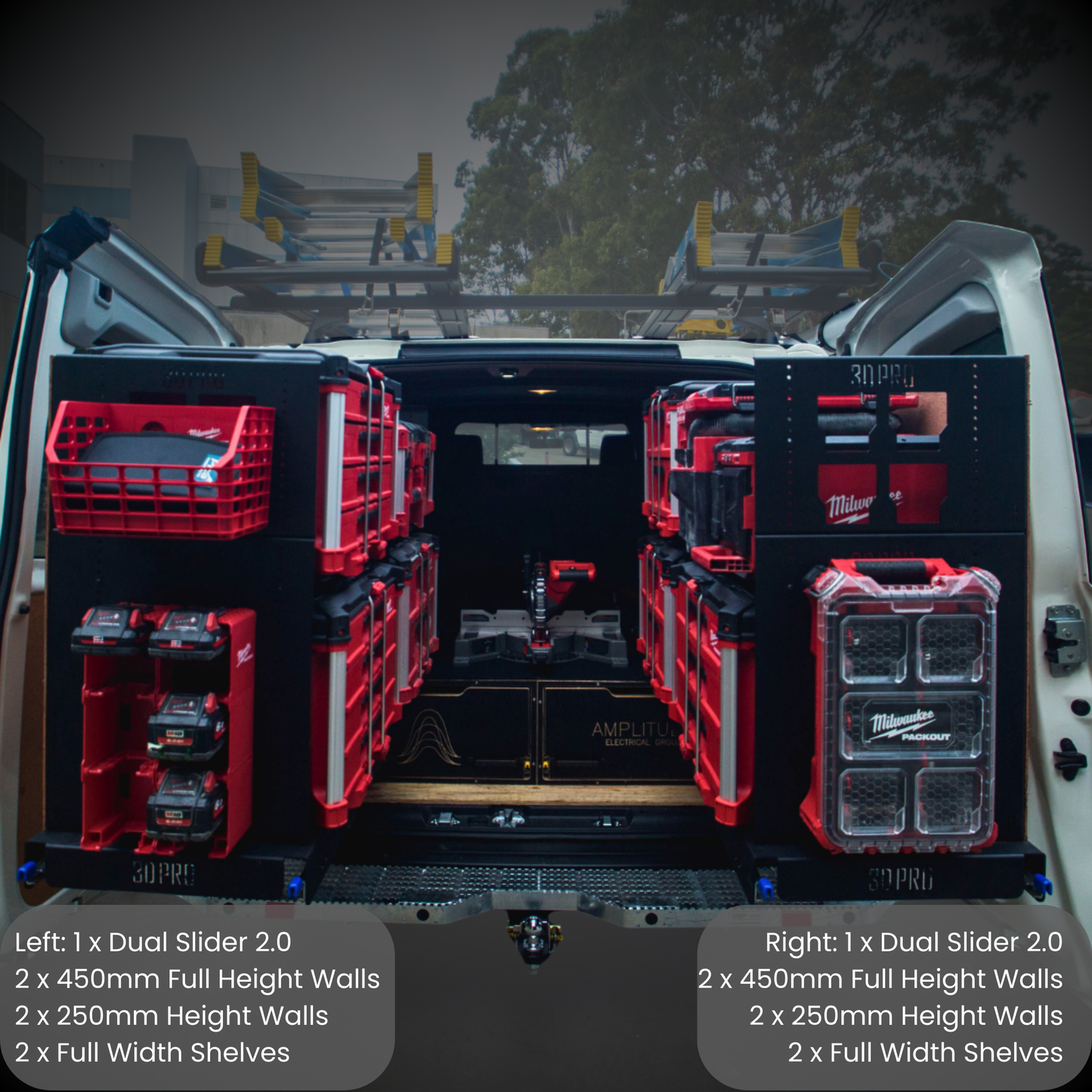 Trunk of a vehicle with red and black storage units labeled 'Milwaukee'.