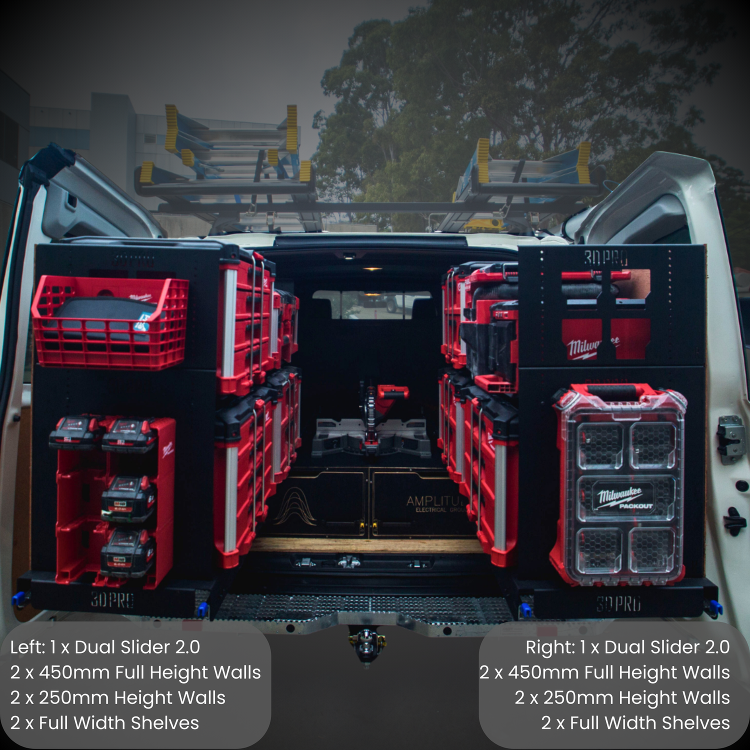 Trunk of a vehicle with red and black storage units labeled 'Milwaukee'.