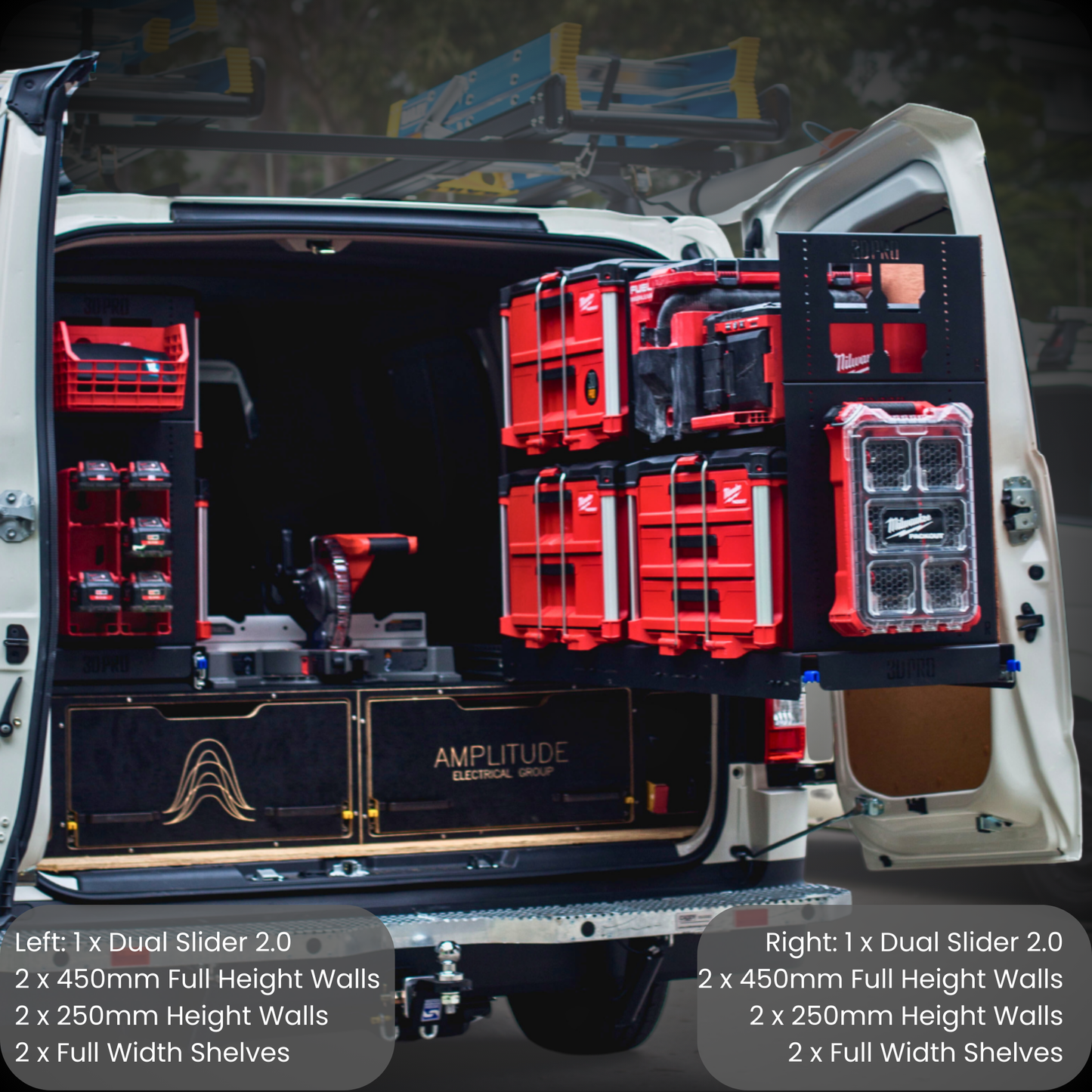 Van interior with red and black storage units labeled 'Amplitude Electrical', showing organization and storage solutions.
