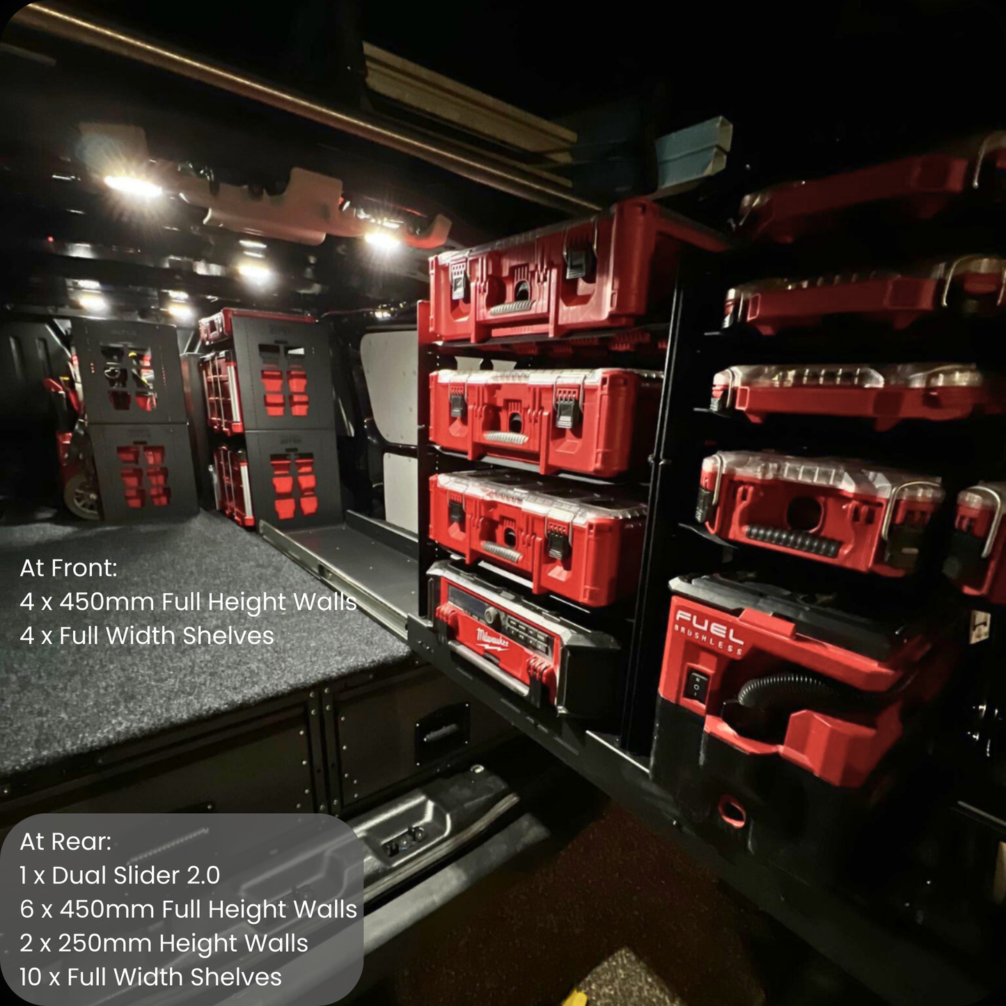 Tool storage system with red toolboxes in a vehicle interior