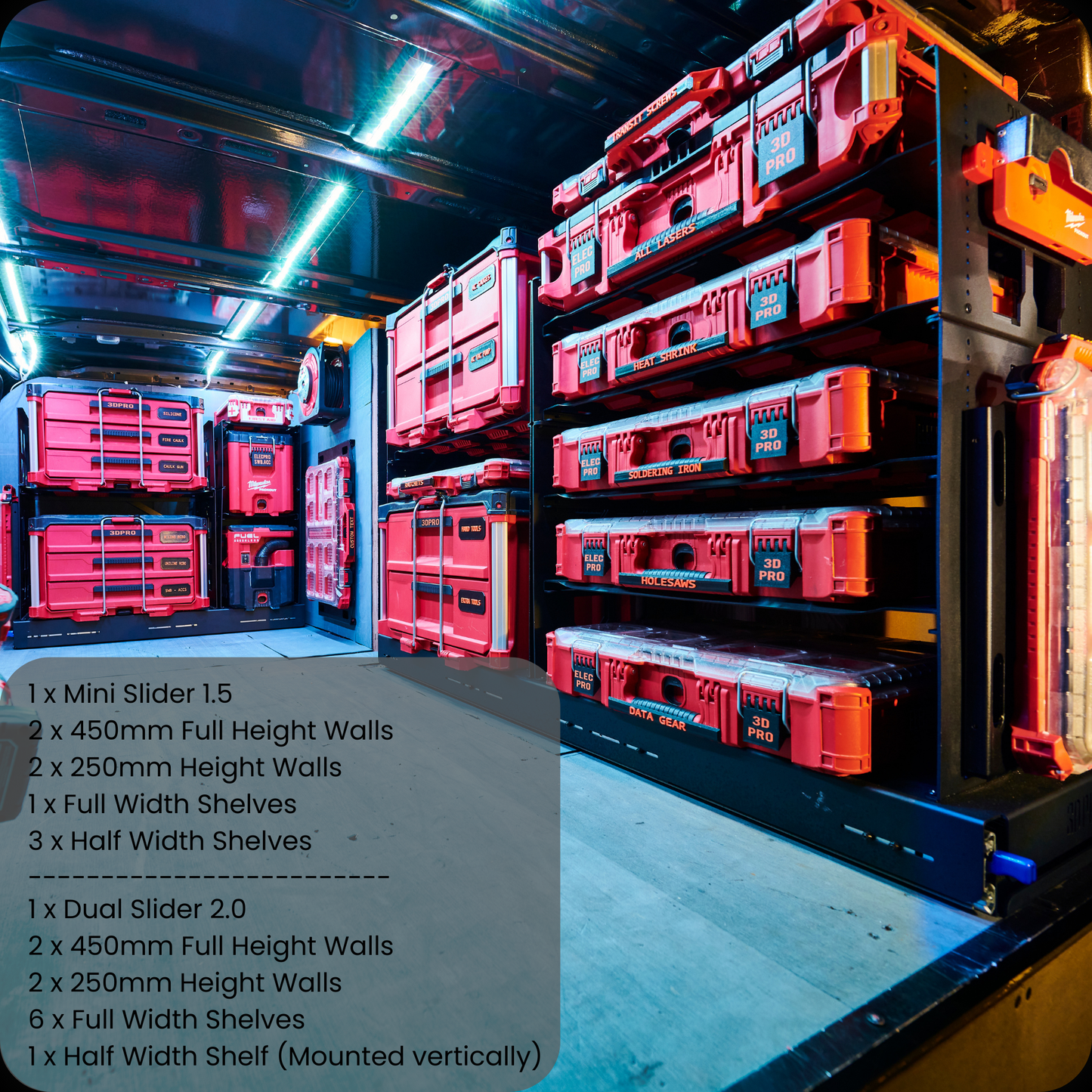 Storage system with red and black shelves and storage units in a dark setting.