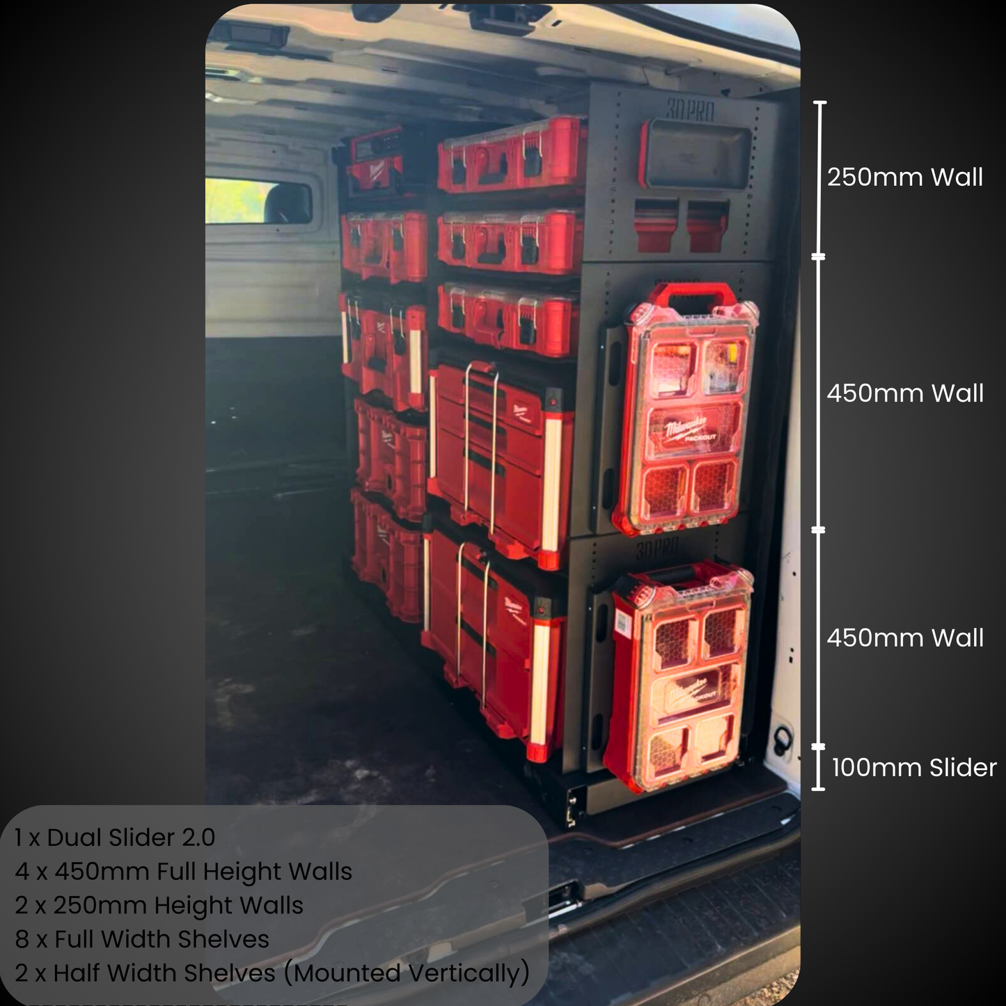 Storage system with red shelves and compartments inside a vehicle, labeled with dimensions.