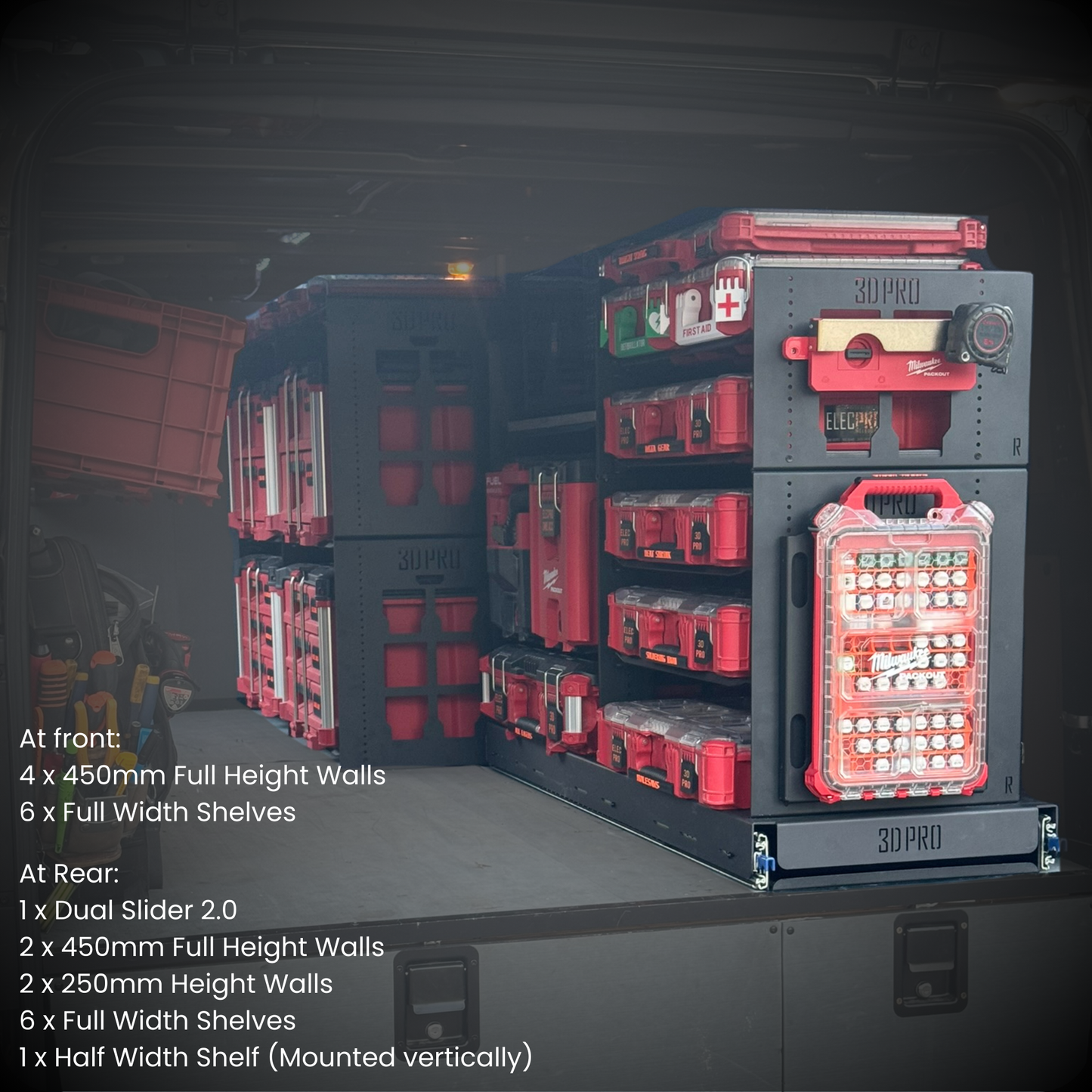 Storage system with red and gray shelves and compartments in a workshop setting.