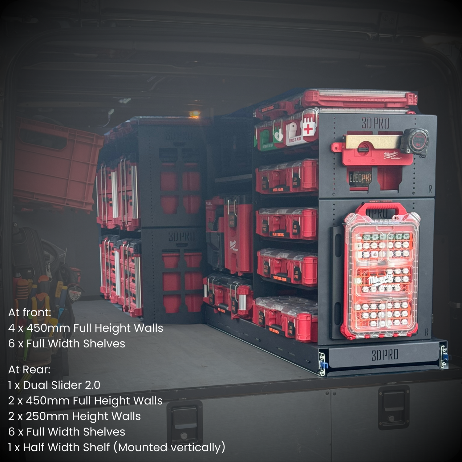 Storage system with red and gray shelves and compartments in a workshop setting.