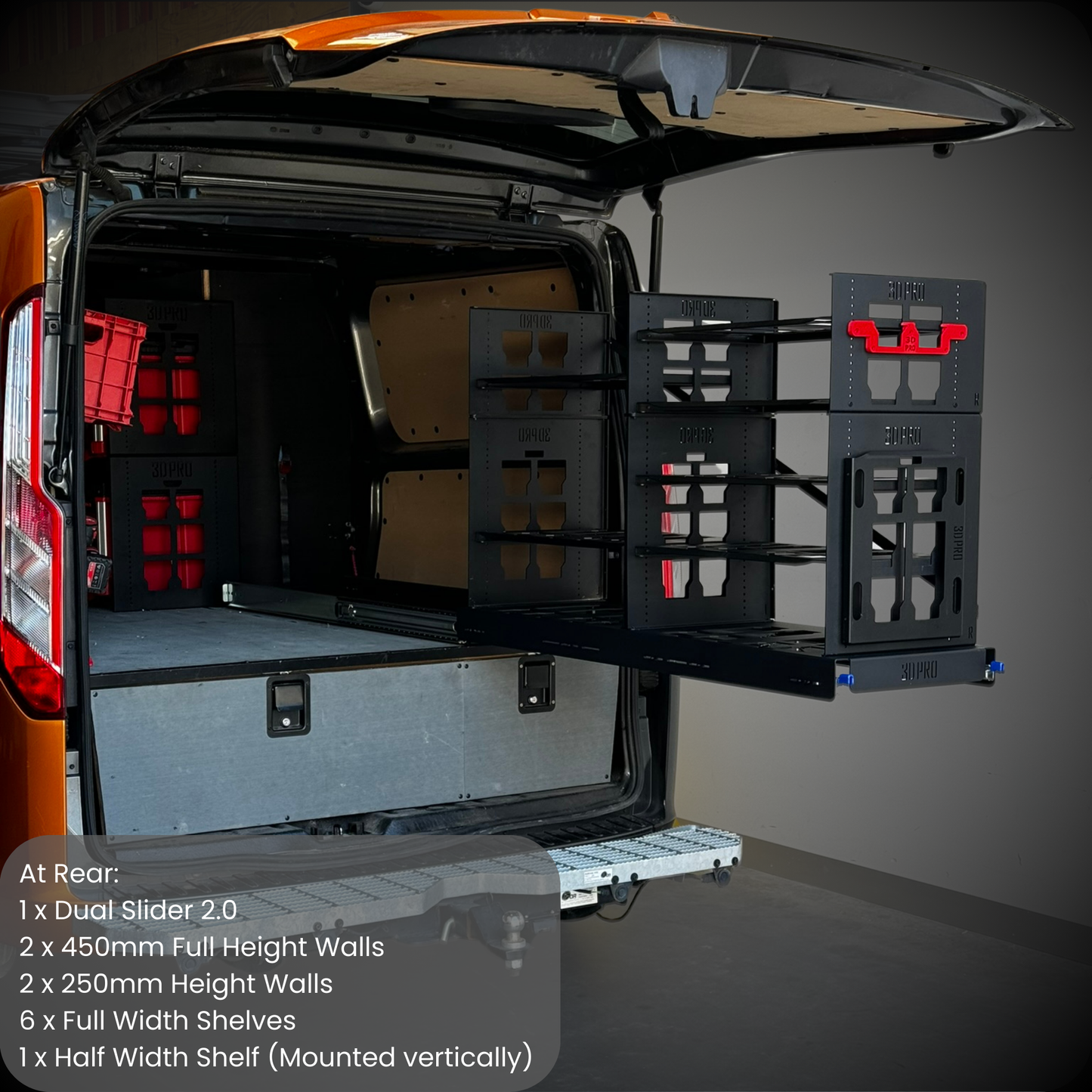 Van interior with storage shelves and compartments on a gray background