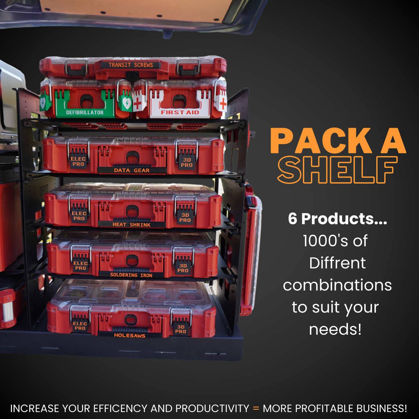 Stack of red toolboxes with promotional text '6 Products... 1000's of different combinations to suit your needs' on a dark background
