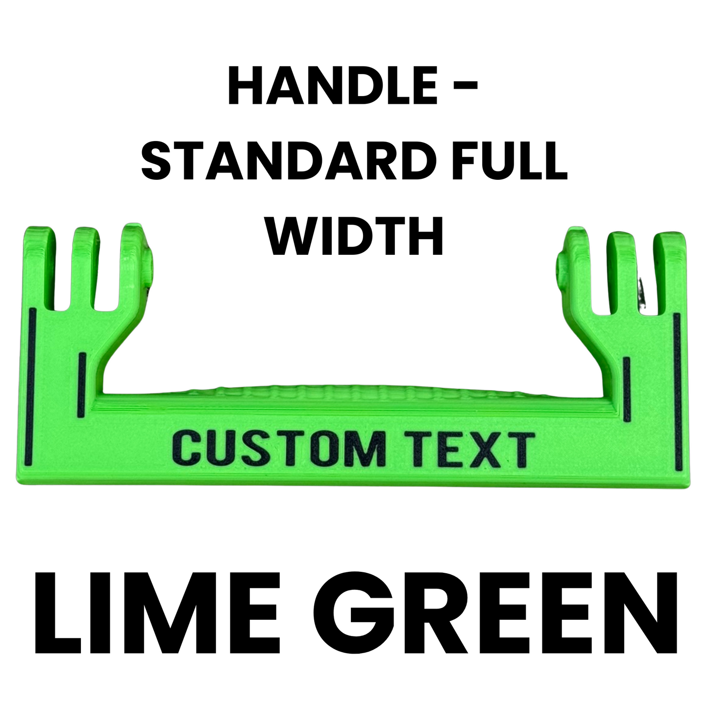 Green handle with customizable text on a white background