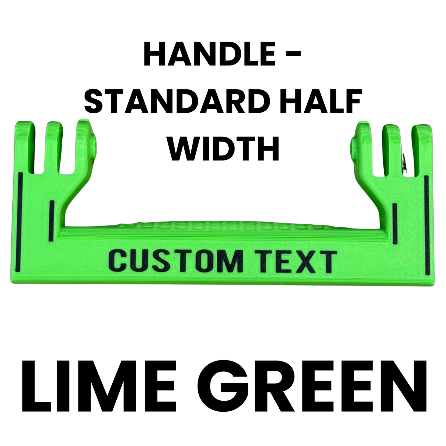 Green handle with customizable text on a white background