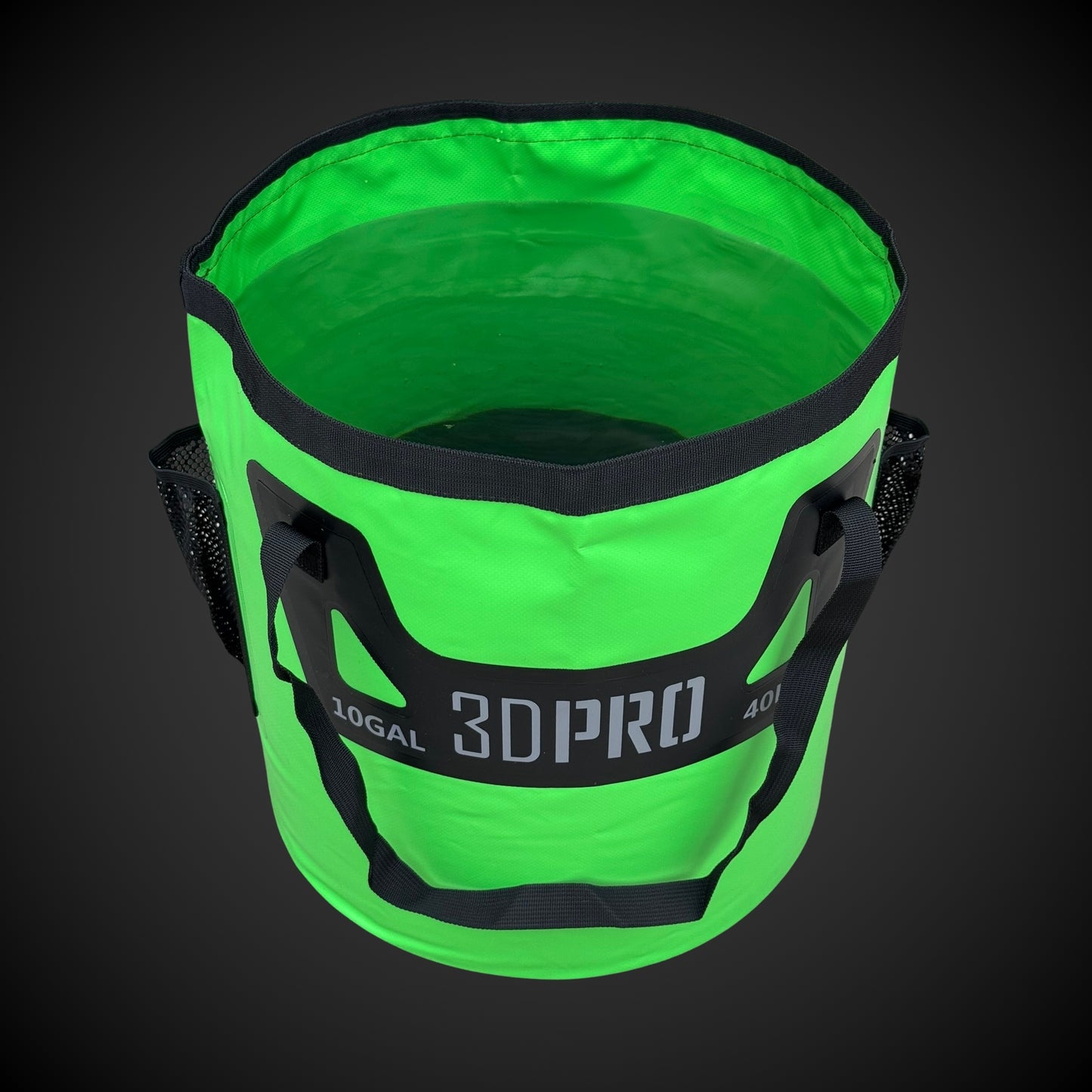 Green folding bucket with black straps and '3DPRO' branding on a dark background