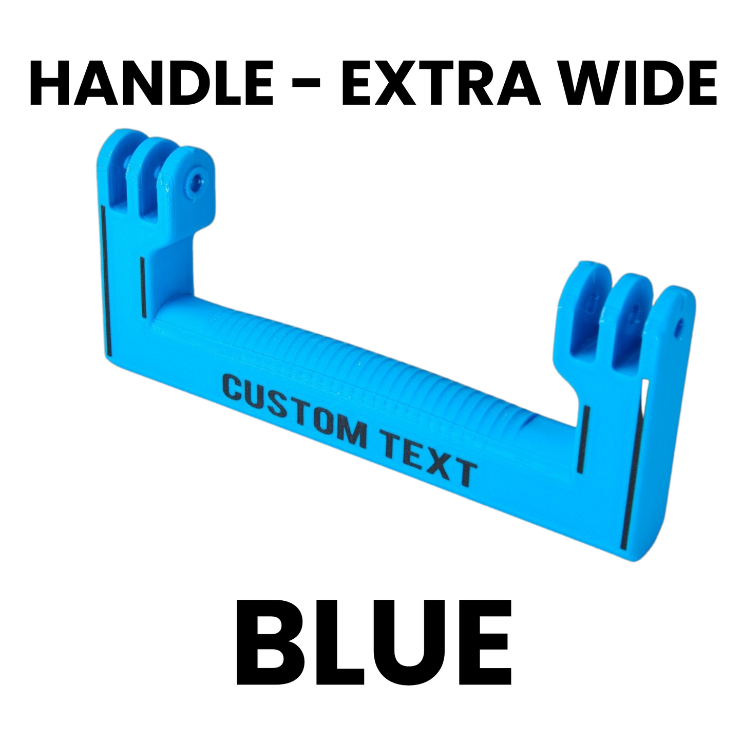 Blue extra wide handle with customizable text on a white background