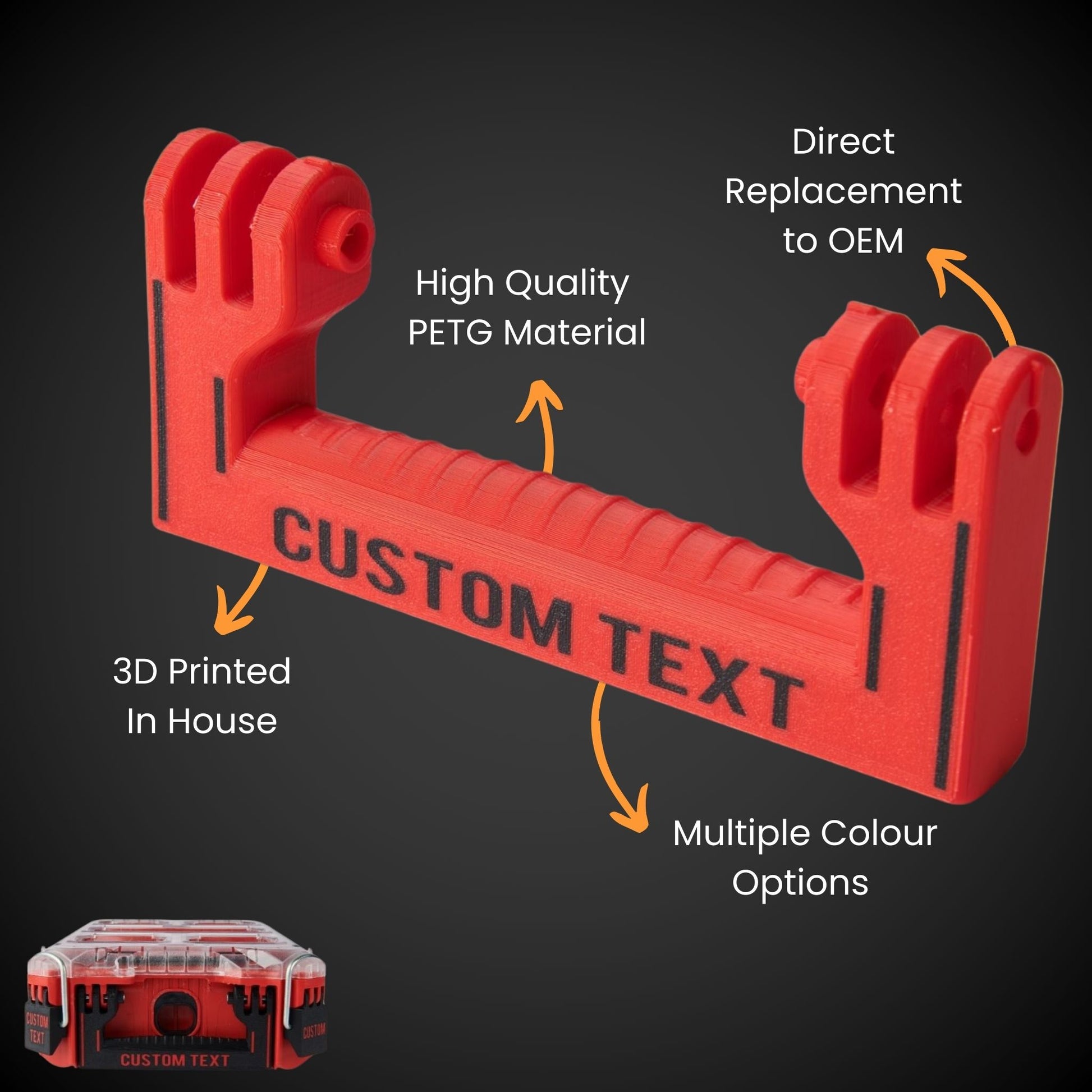 Red 3D-printed standard full width handle with text and features highlighted on a dark background