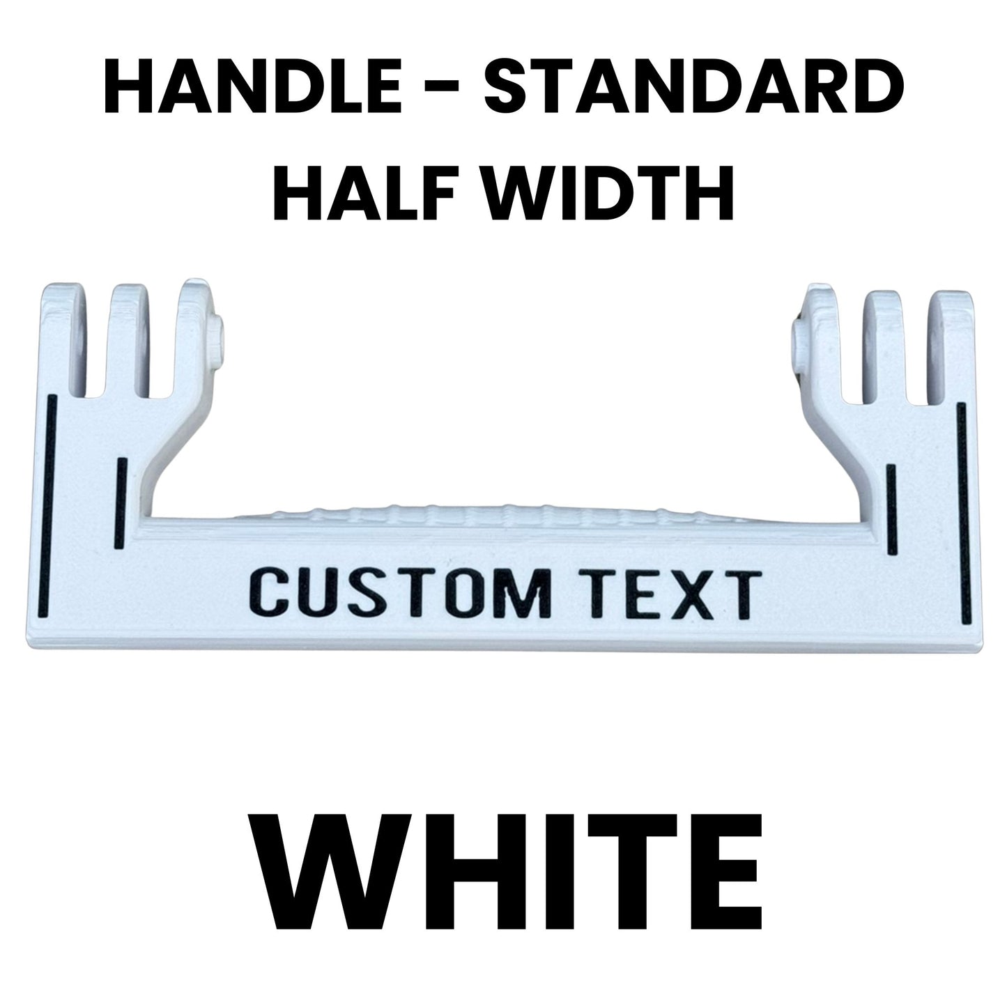 White standard half width handle template with text space and specifications on a white background