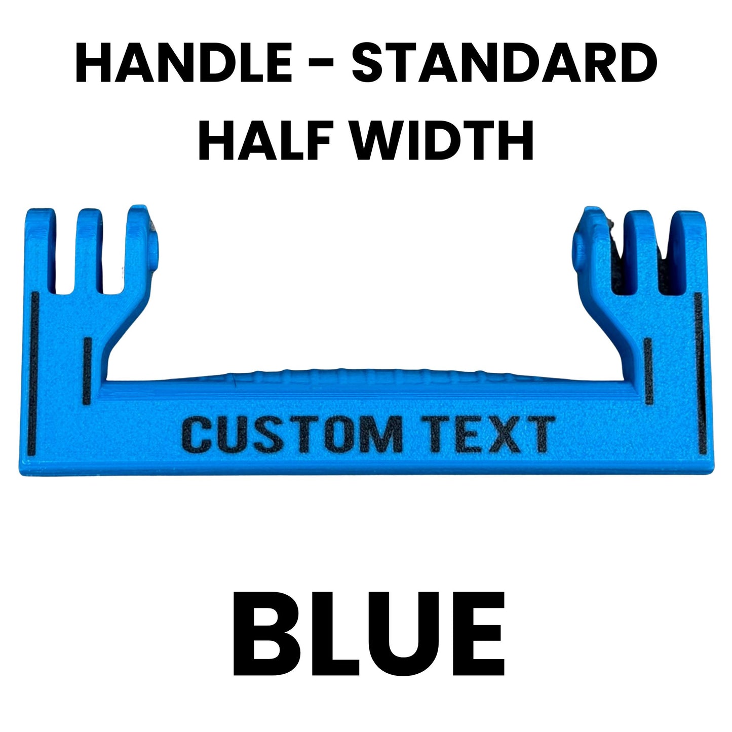 Blue standard half width handle template with text space and specifications on a white background