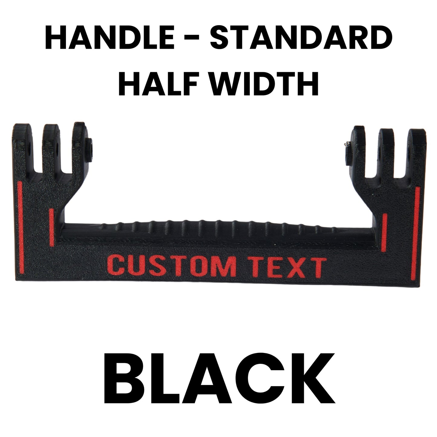 Black standard half width handle template with text space and specifications on a white background