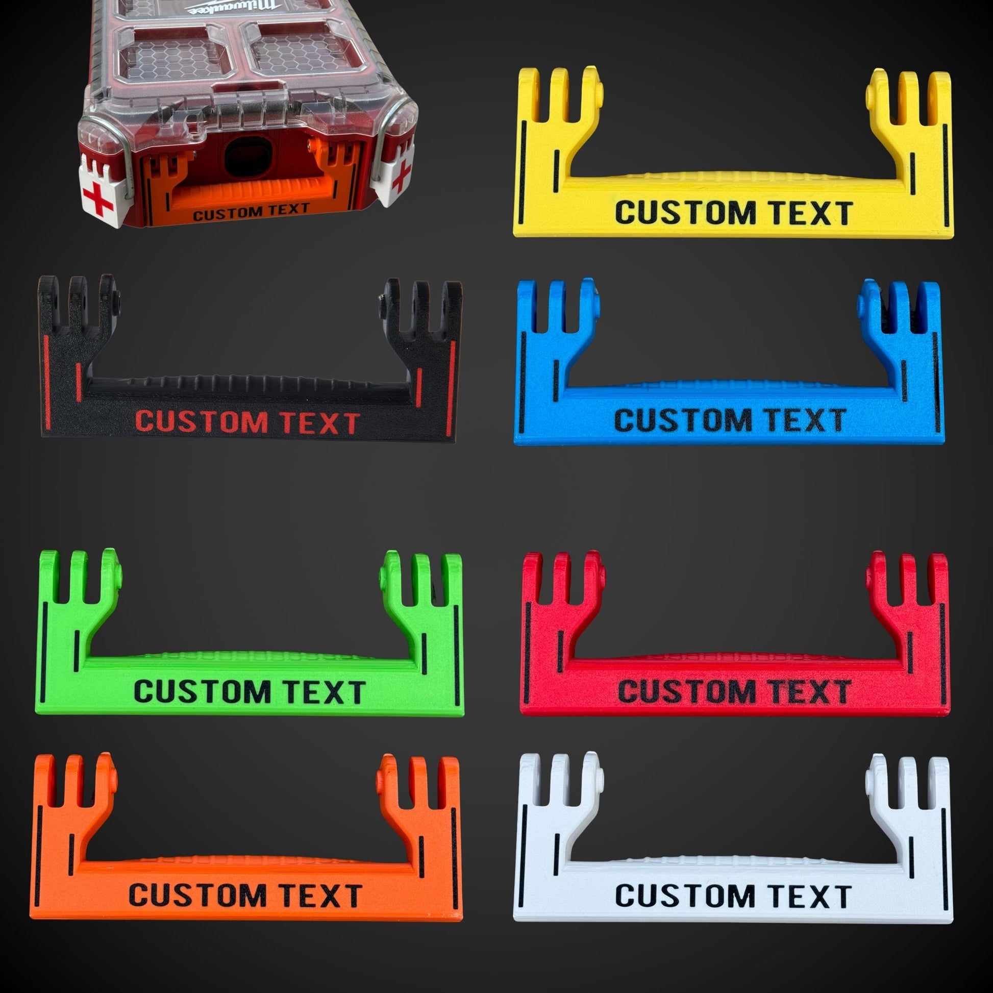 Set of customizable 3D printed standard half width handle in various colors on a black background