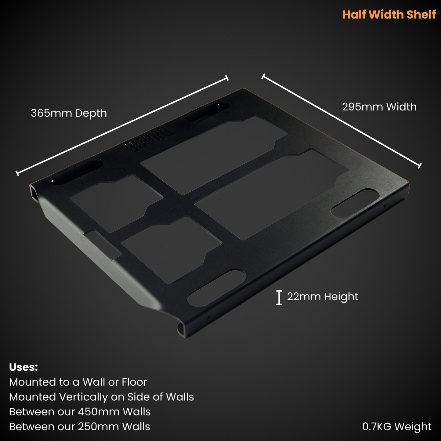 Black half-width shelf with measurements on a dark background