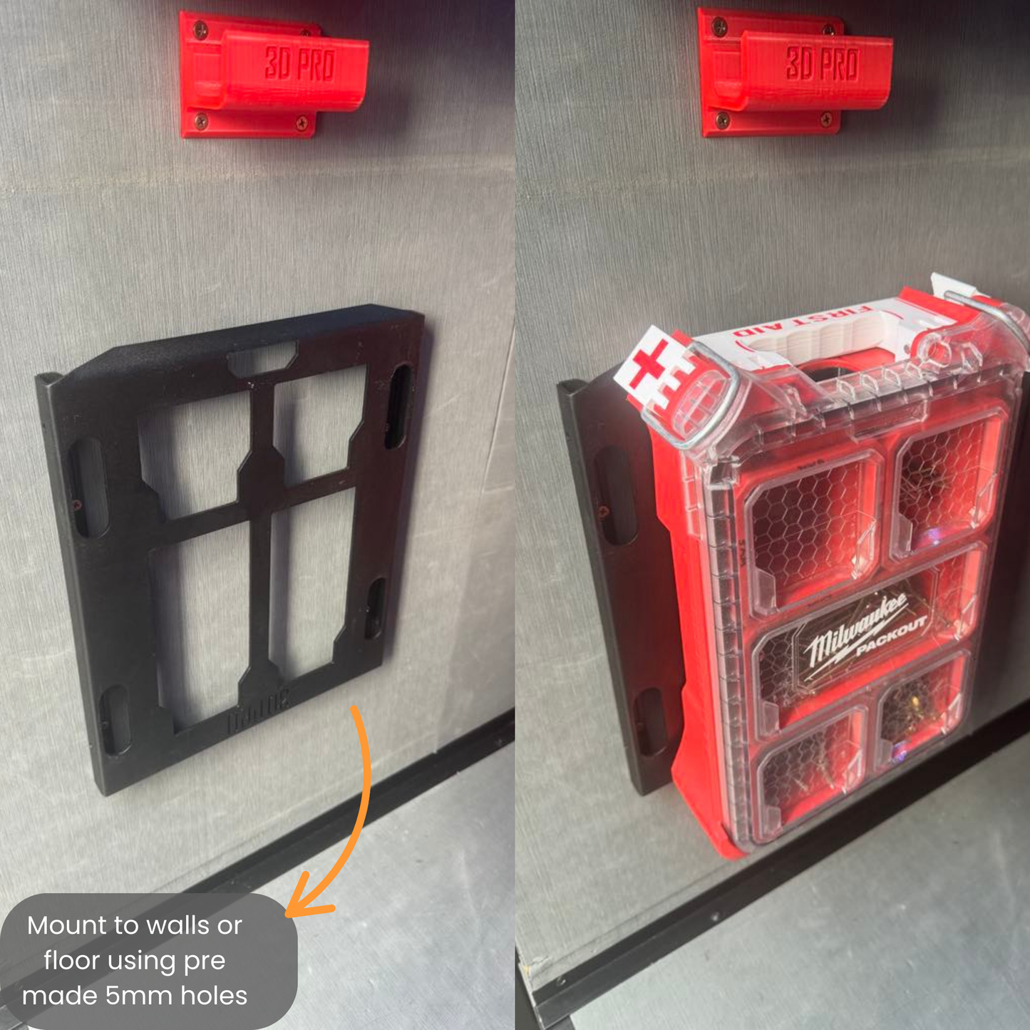 Black Half Width Shelf (Pack A Shelf) with mounting instructions on a gray surface