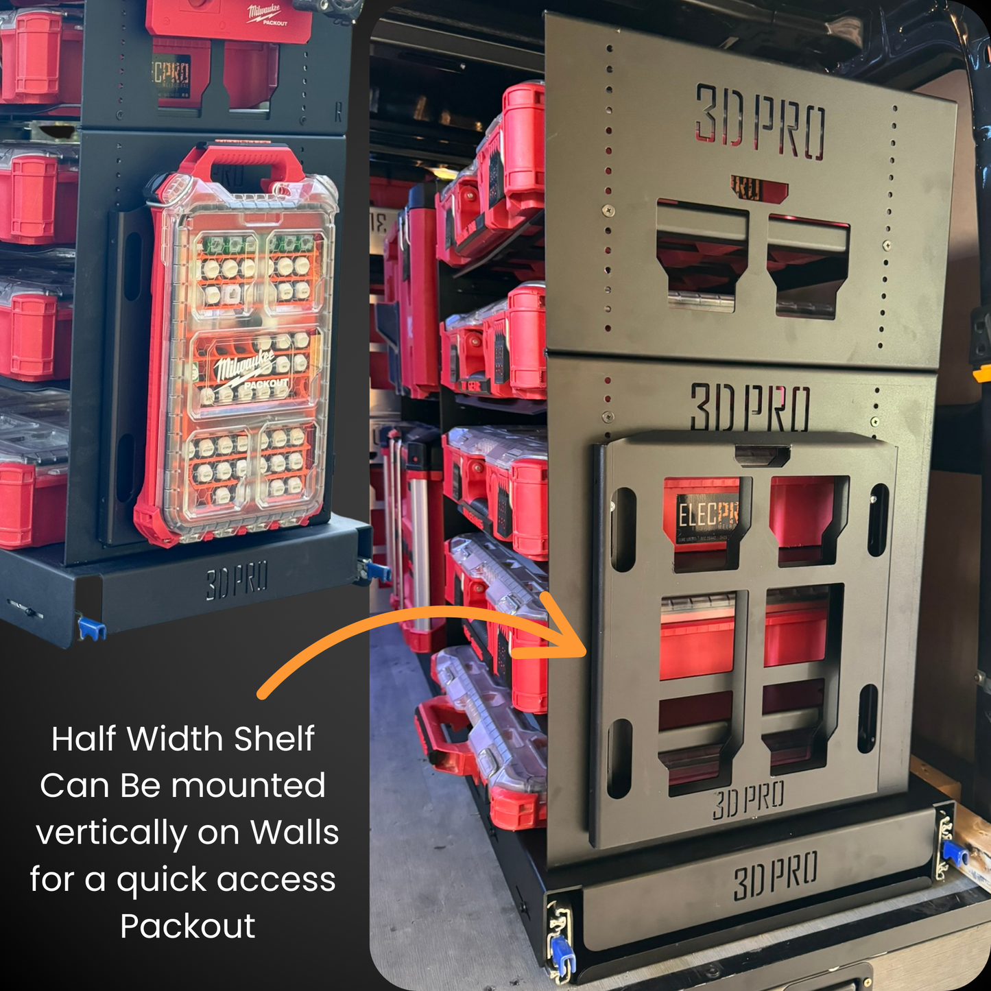 3D Pro shelving unit with red storage bins in a warehouse setting