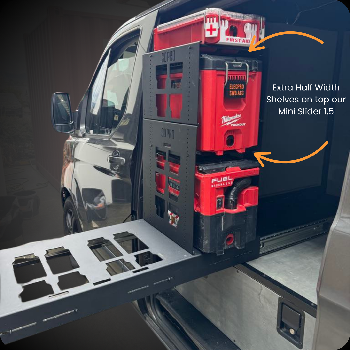 Tool storage using PAS with red and black Milwaukee packouts on a vehicle, featuring Milwaukee tools.