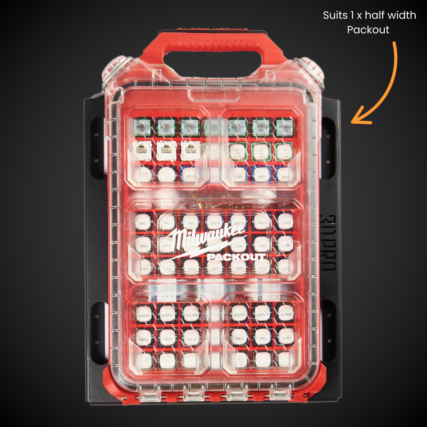 Milwaukee drill bit set in a clear plastic case on a black background