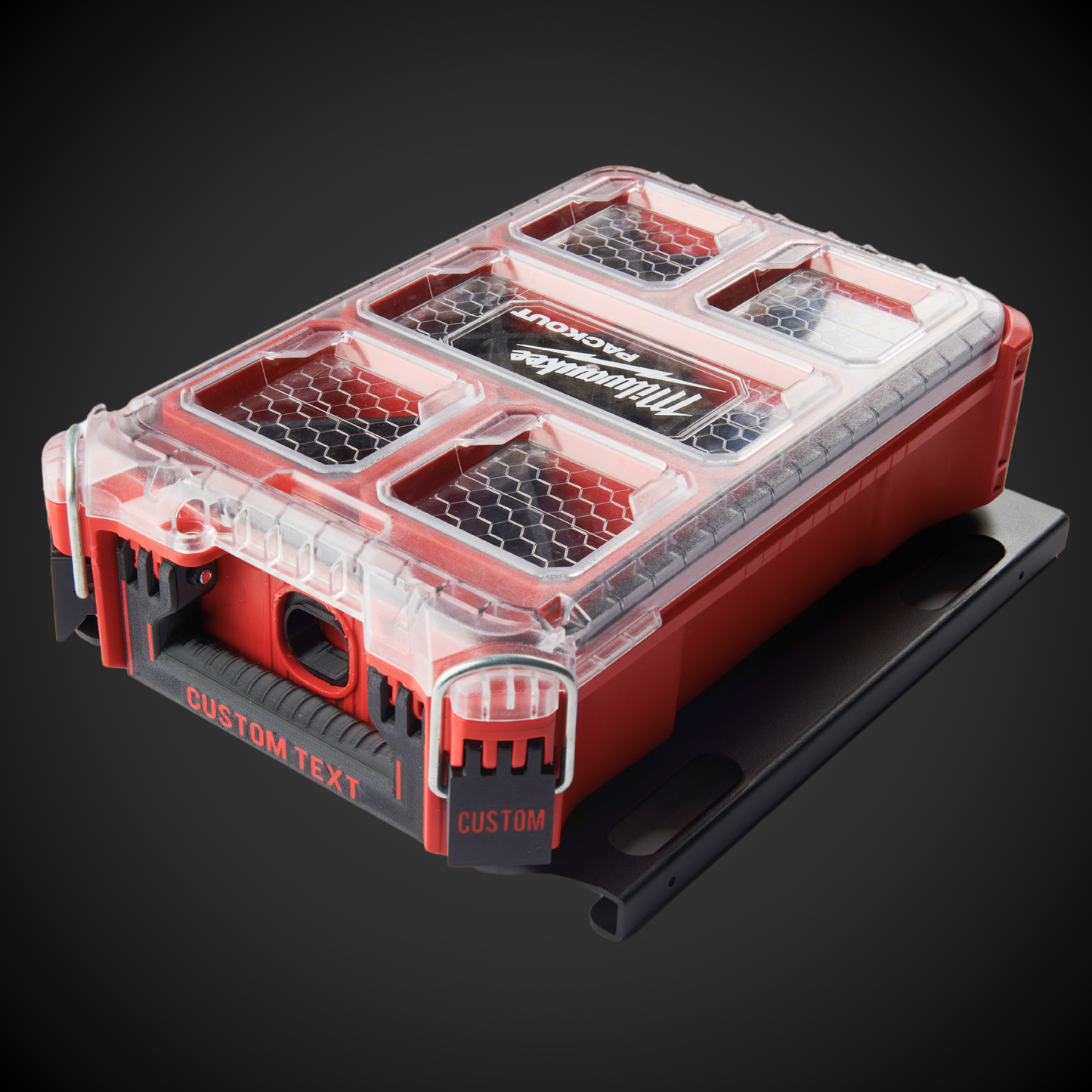Red Milwaukee packout with customizable text on top of a Half Width Shelf (Pack A Shelf)