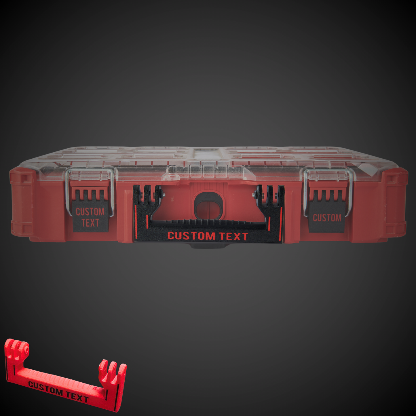 Customizable full width handle for Milwaukee packout tool storage box, displayed in red color with the text 'CUSTOM TEXT' on the surface.