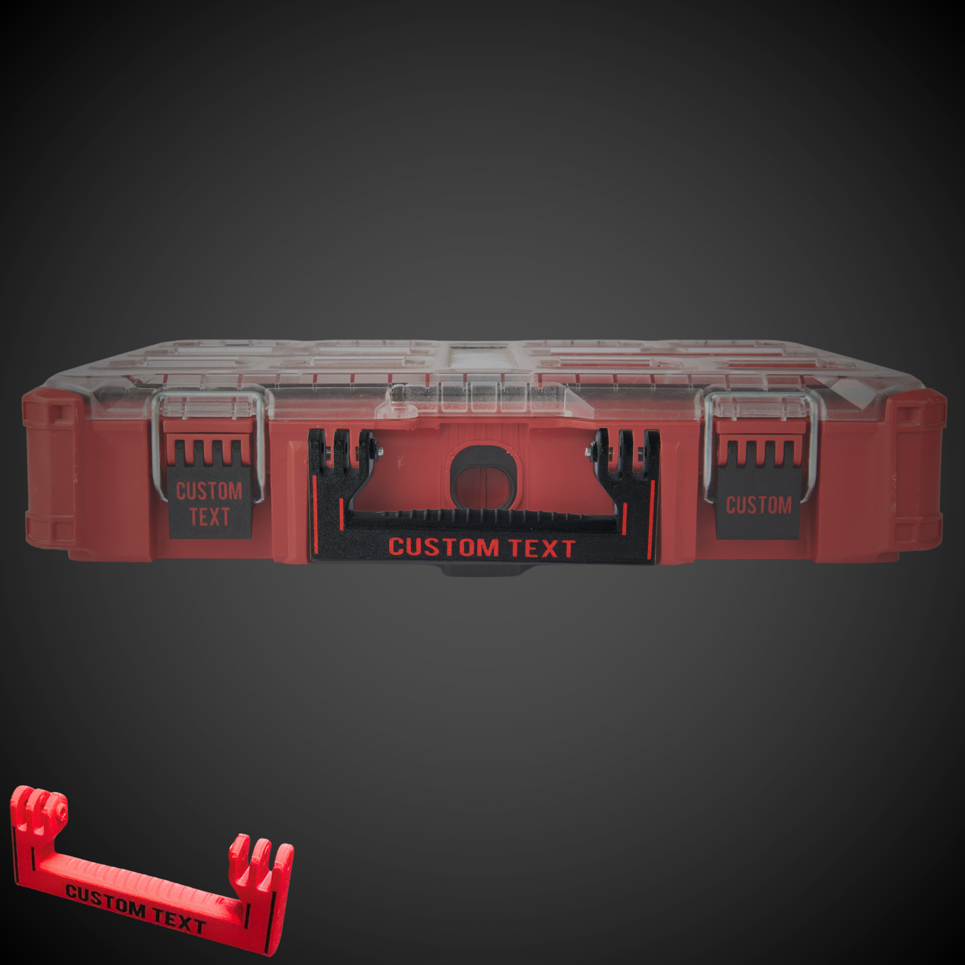 Customizable full width handle for Milwaukee packout tool storage box, displayed in red color with the text 'CUSTOM TEXT' on the surface.
