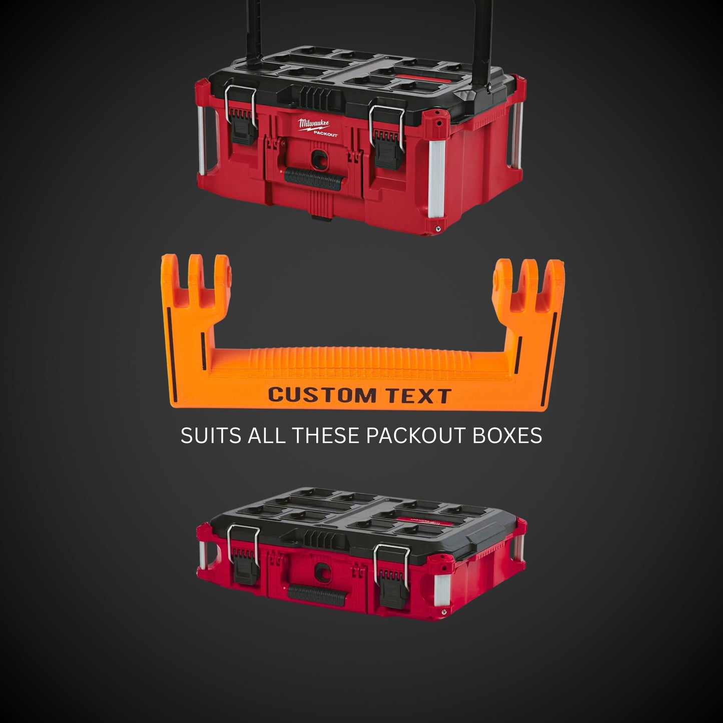 Red tool box with an orange custom text holder on a dark background
