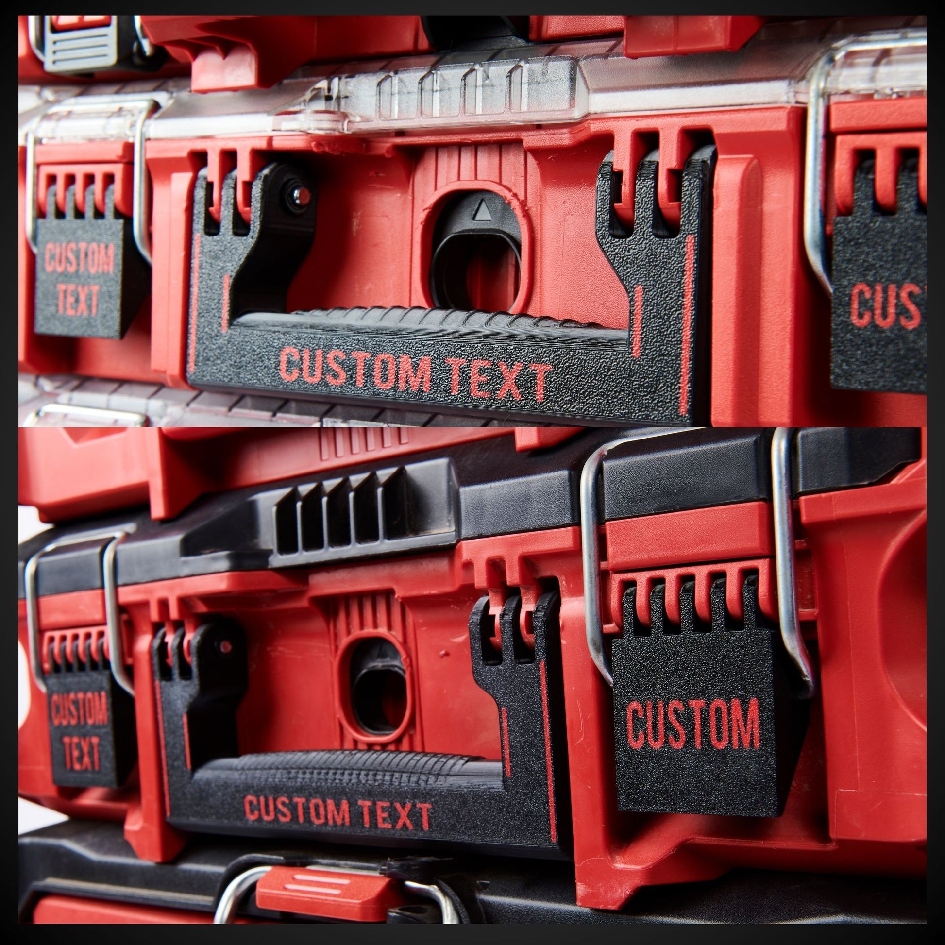 Red and black toolboxes with 'CUSTOM TEXT' labels.