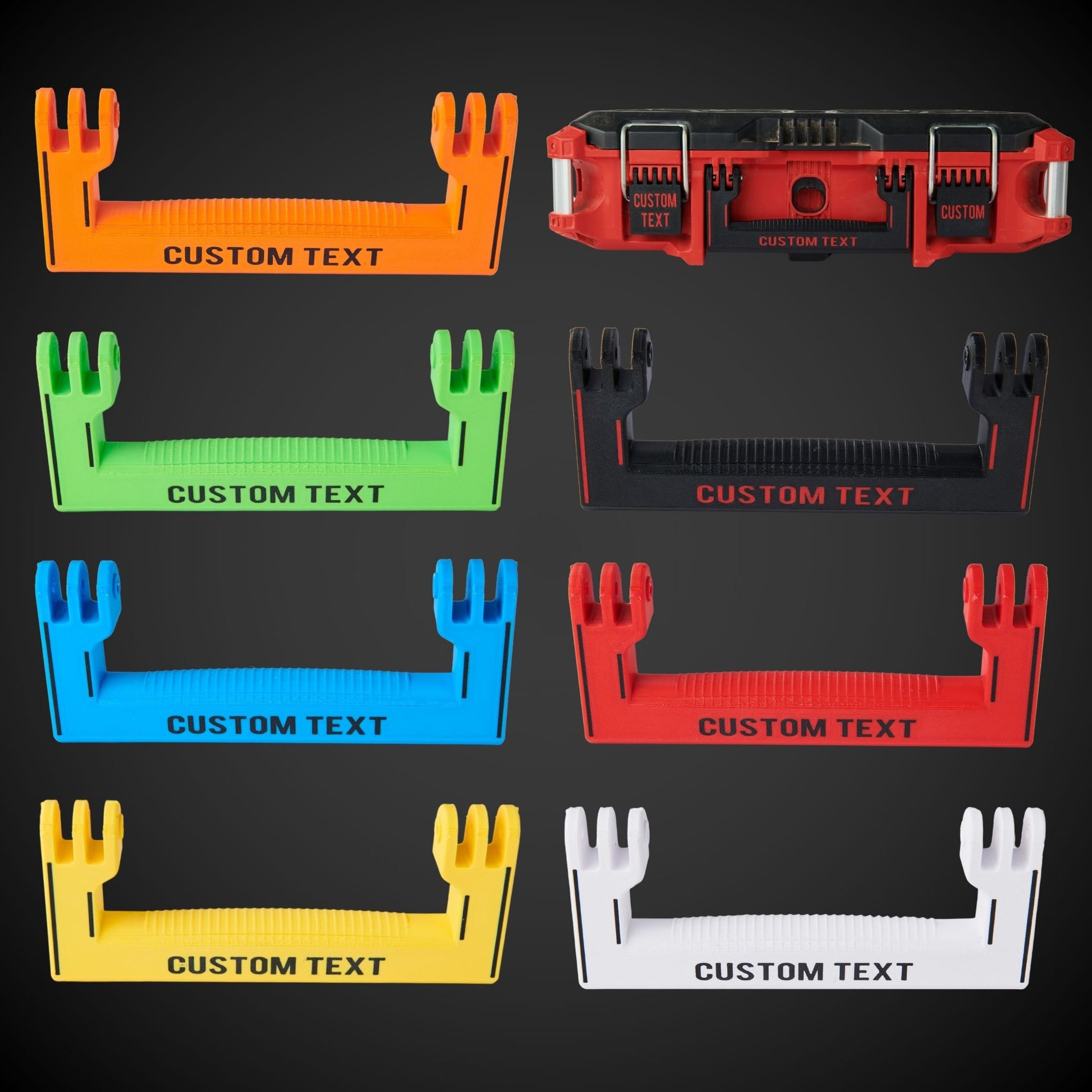 Custom text holders in various colors on a black background