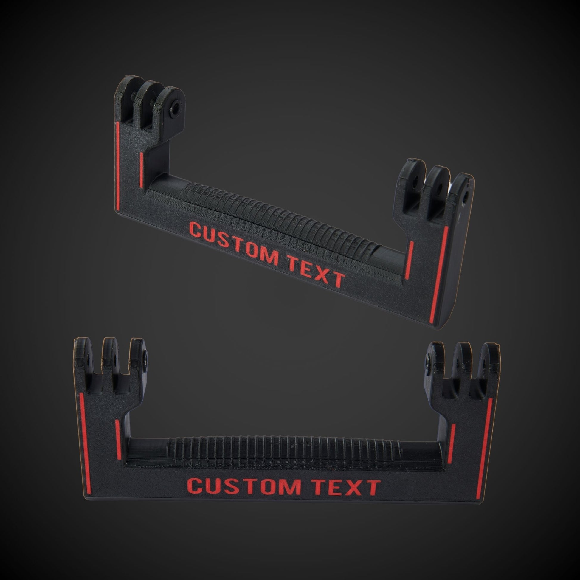 Black customizable holder with red text on a dark background