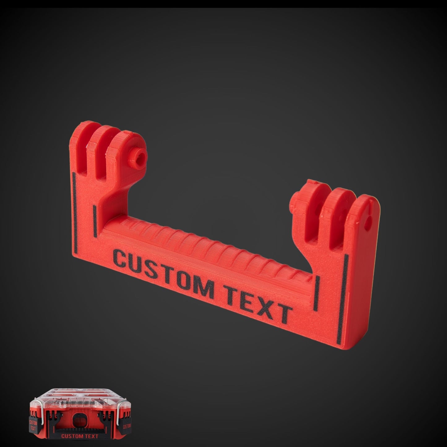 A custom text handle in red, designed to fit onto a Milwaukee Standard Packout HALF width container.