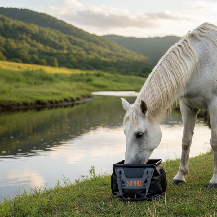 White horse drinking from a black 30L/8GAL Pro Square Folding Bucket labeled '3PPO' by a lake with mountains in the background