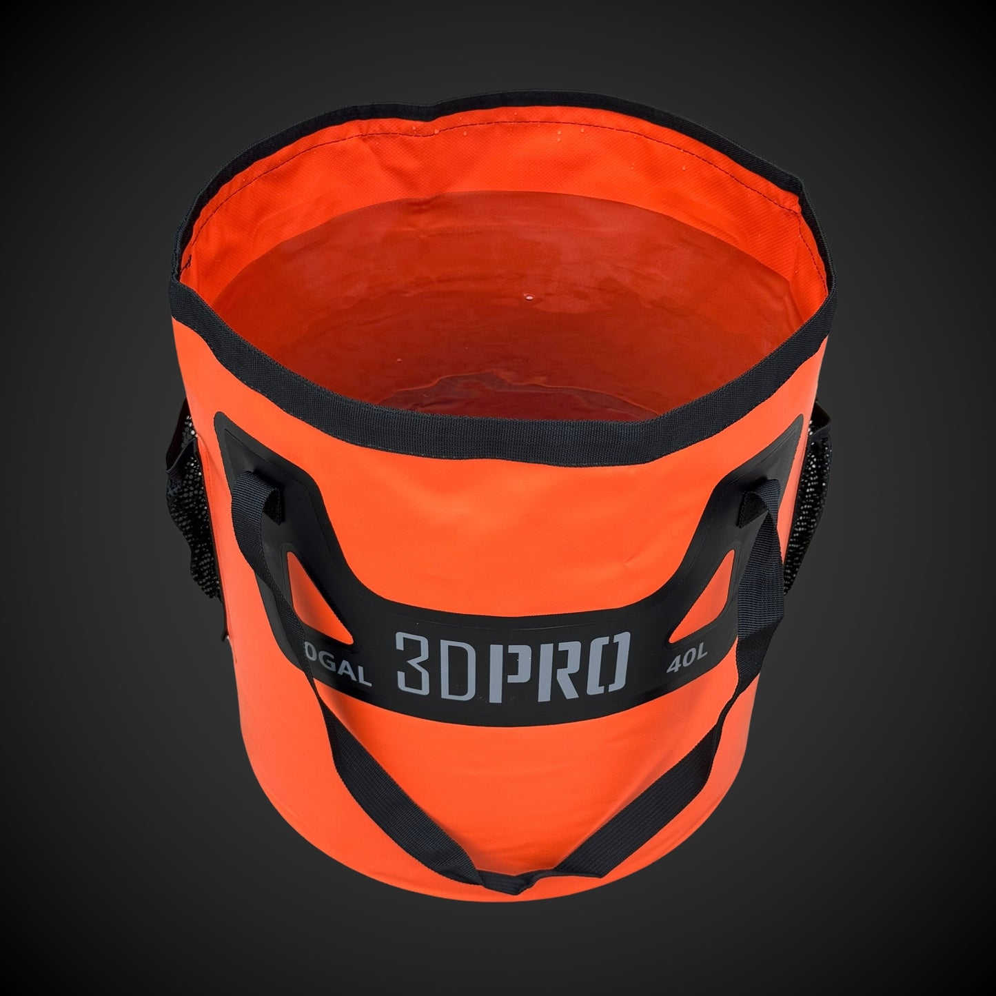 Orange 3D Pro bucket with black handles on a dark background
