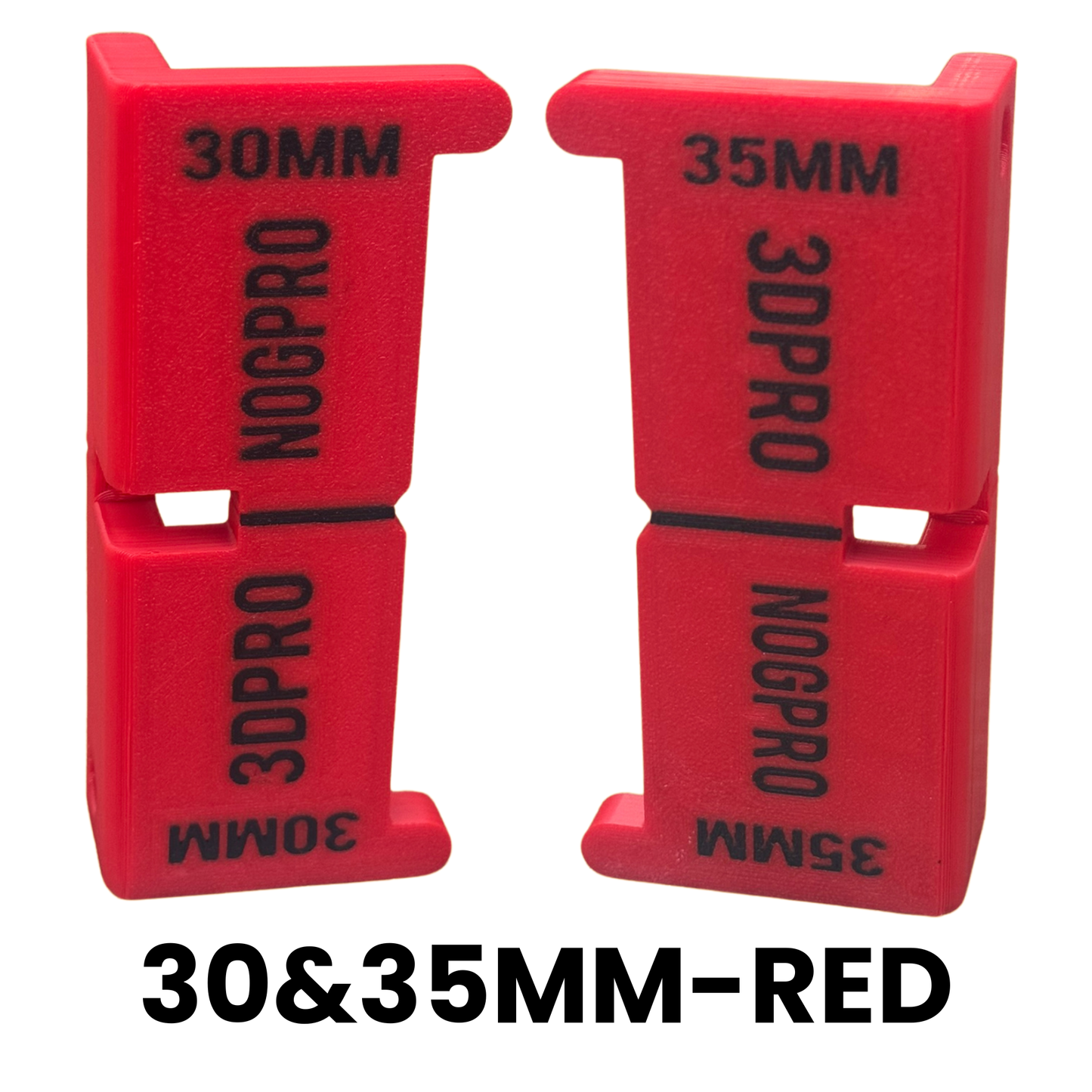Two red Nog Pro - Noggin SetBacks with '30MM' and '35MM' markings on a white background.