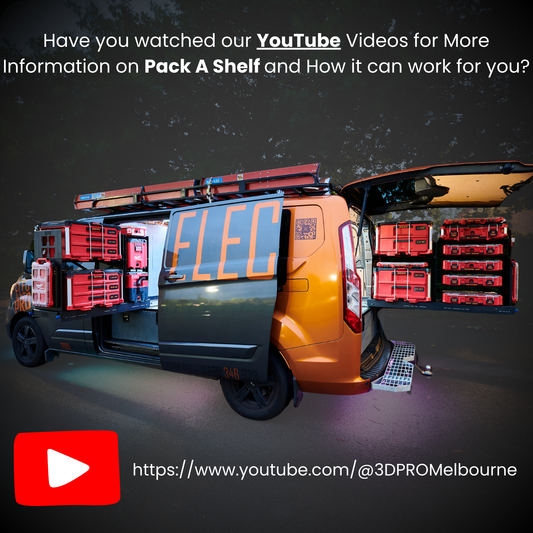 Van with storage shelves and crates, promotional text for YouTube videos on Pack A Shelf.