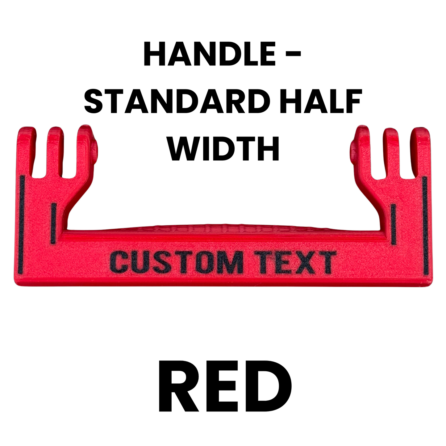 Red handle with customizable text on a white background
