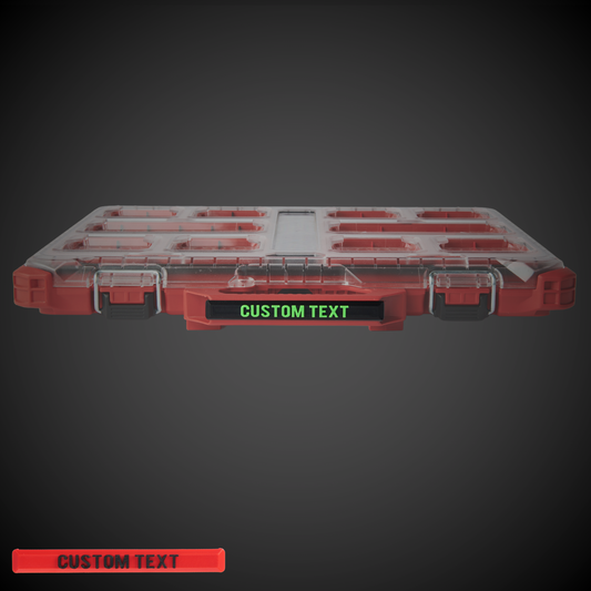 Custom label with red text on a red background, designed for a tool organizer from Milwaukee Slimline Packout.