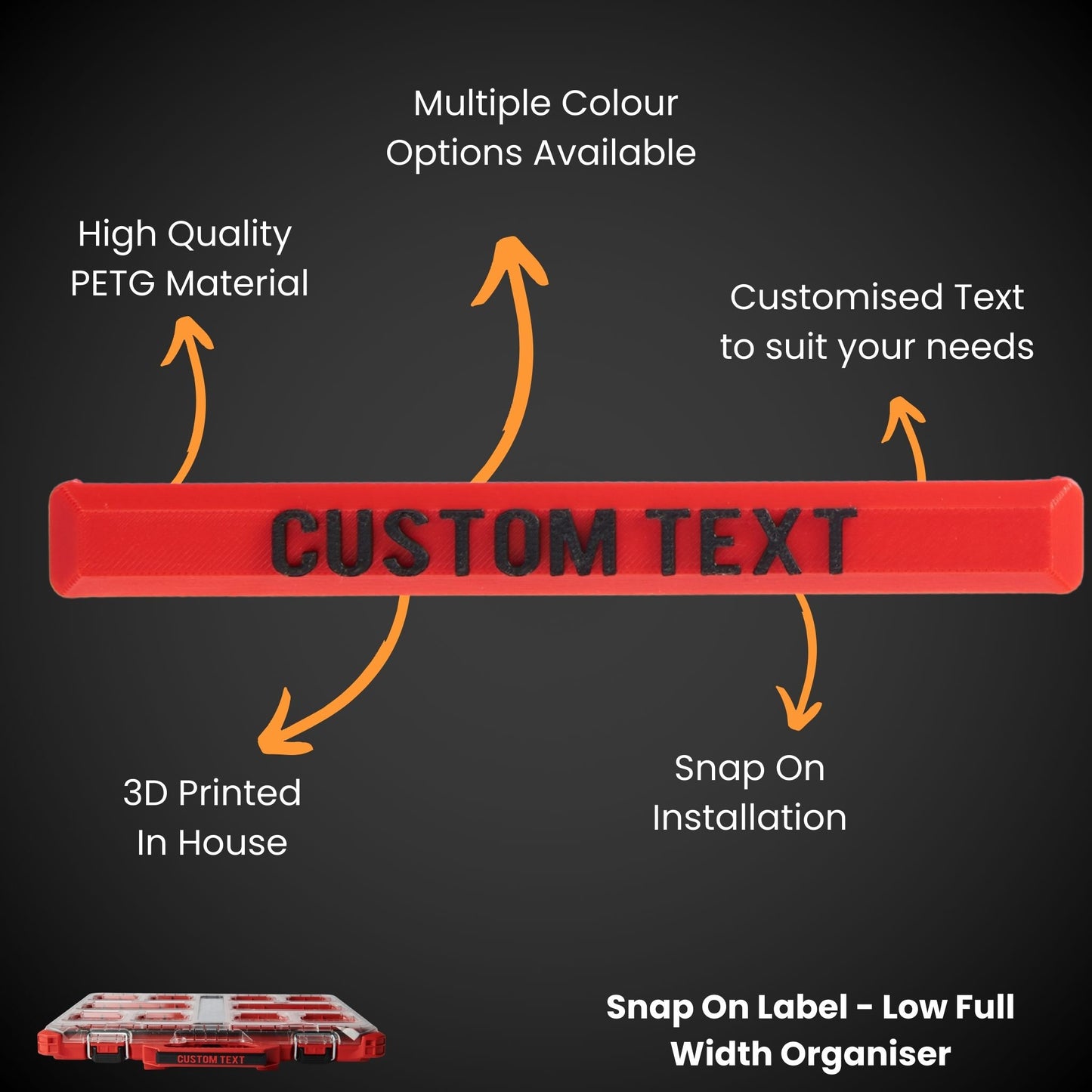 Red custom text snap on label with features highlighted on a black background