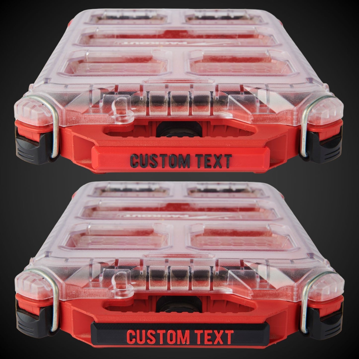 Two Milwaukee packout cases with 'CUSTOM TEXT' Snap On Label - Low Half Width Organiser on a black background