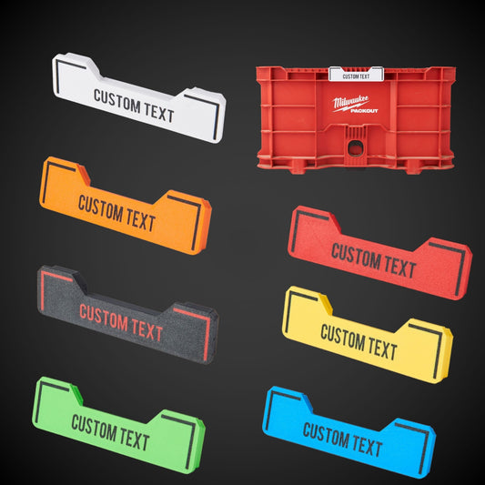 Colorful custom Snap on Label - Crate labels in front of a red tool box on a dark background.