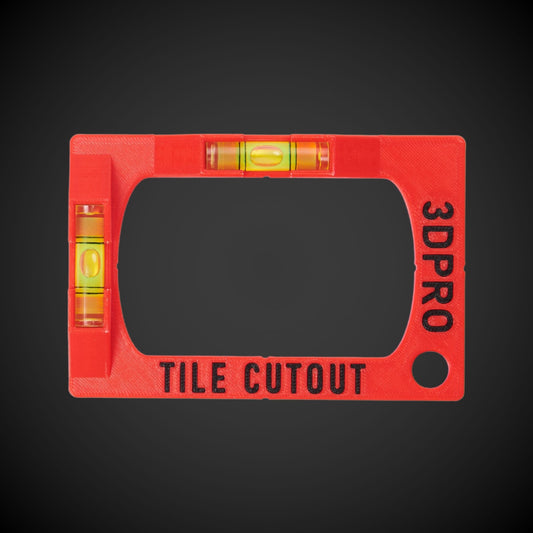 A red tile cut out template with black text, featuring spirit level indicators and a pencil trace tool, isolated on a black background.