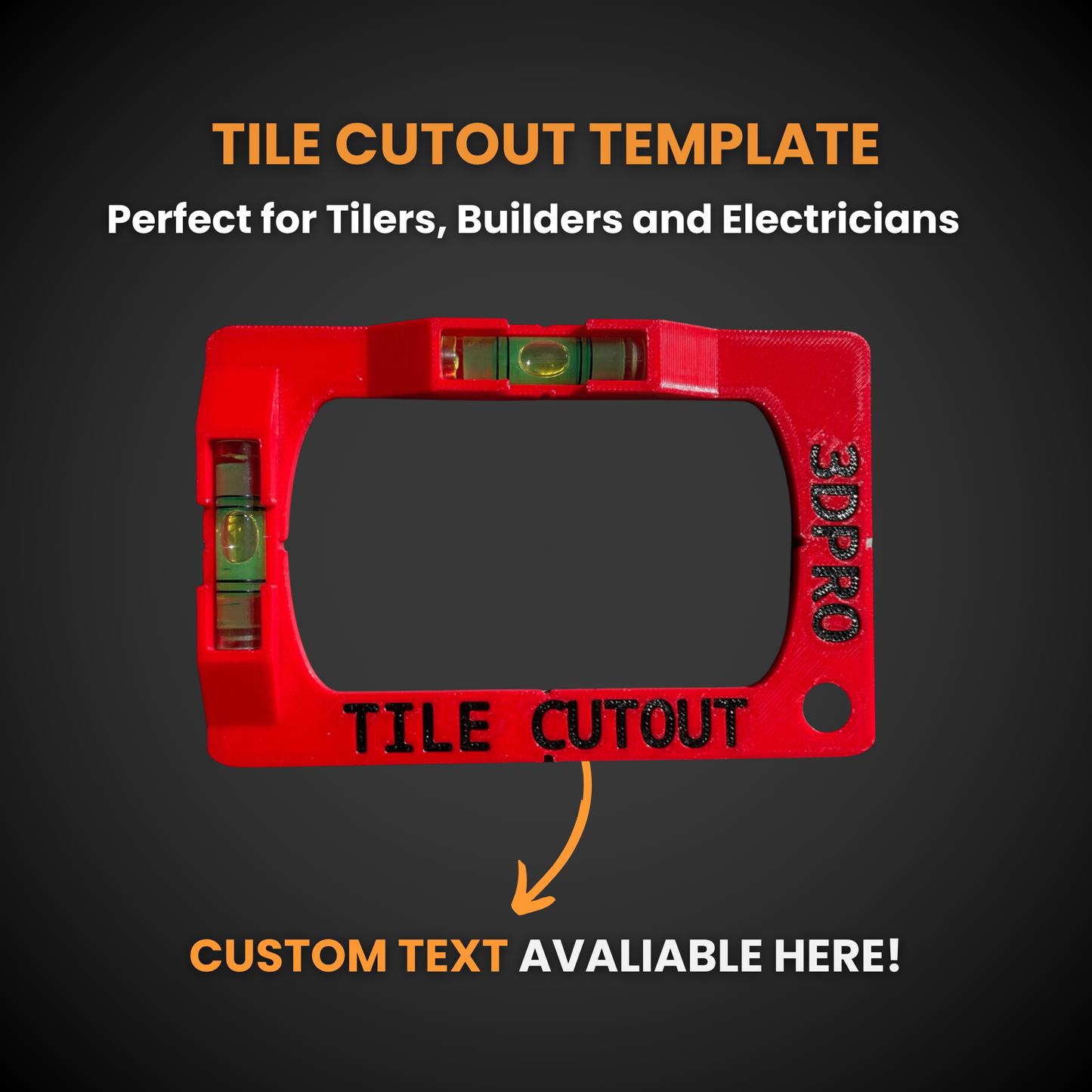 Red tile cutout template with measurement tools on a dark background. Perfect for tilers, builders, and electricians.