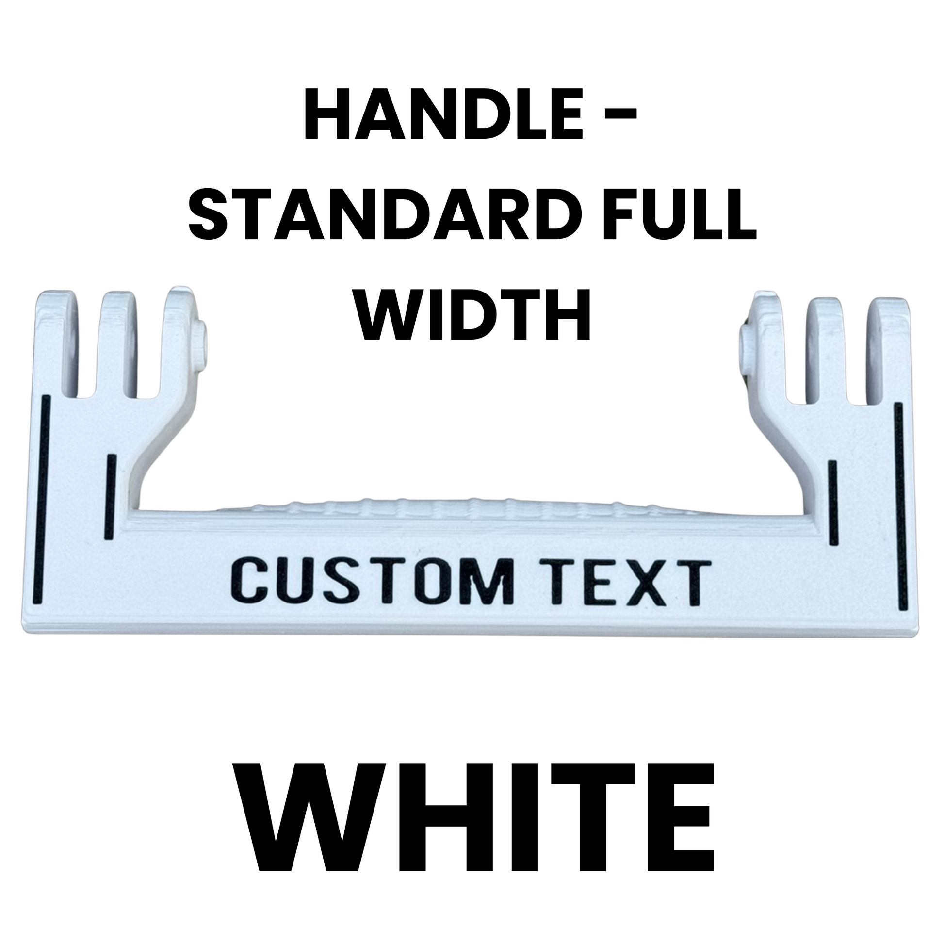 White handle with customizable text on a white background