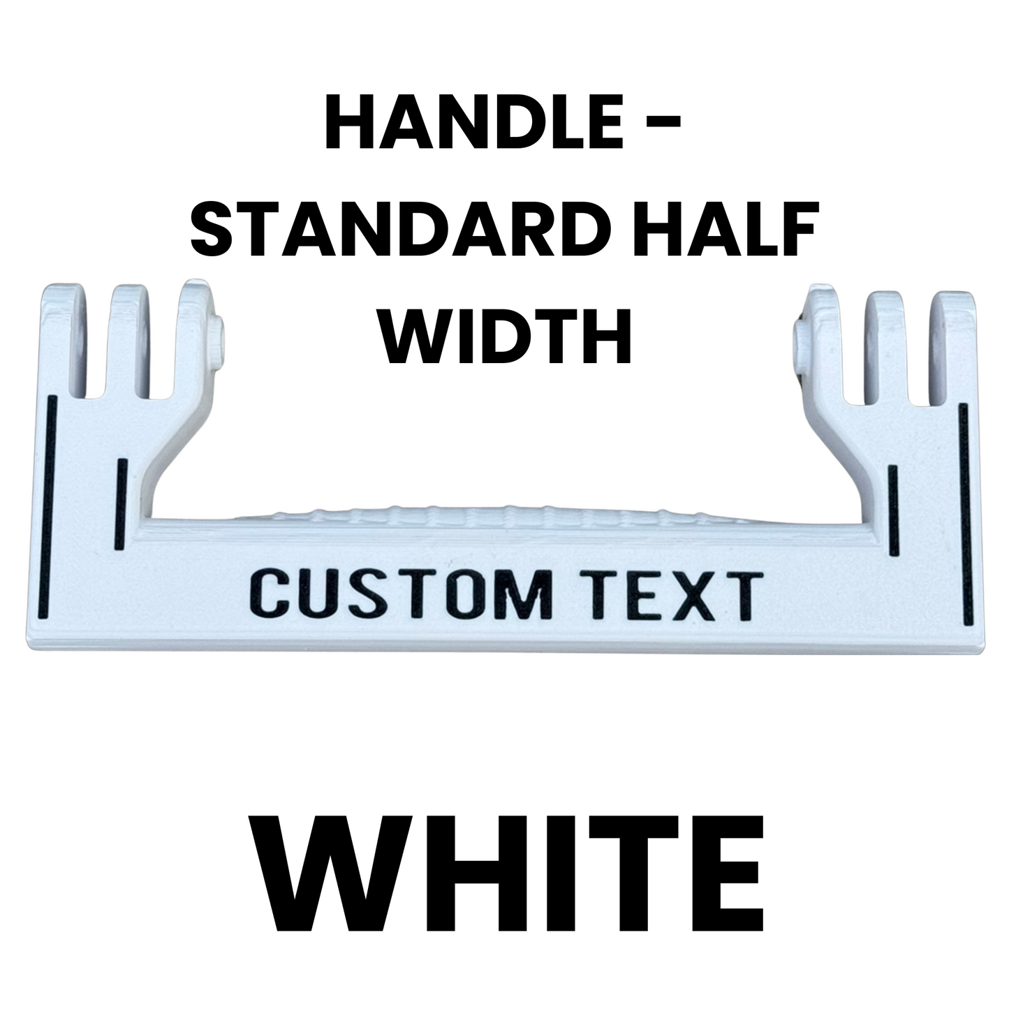White handle with customizable text on a white background