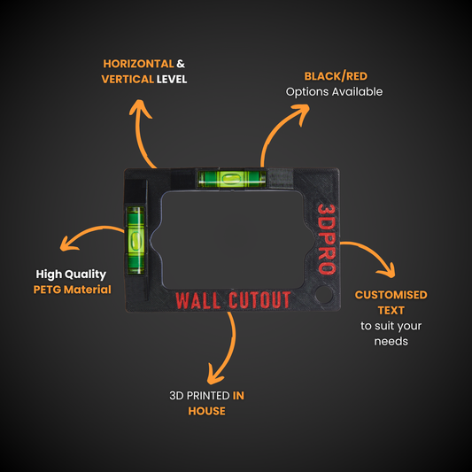 3D printed wall elec cutout with level feature on a dark background