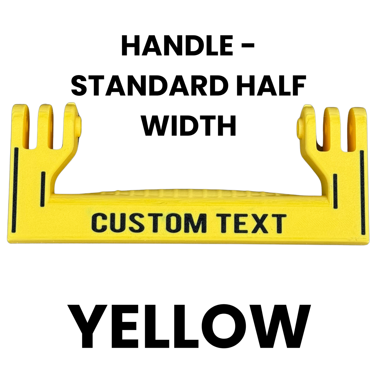Yellow handle with customizable text on a white background