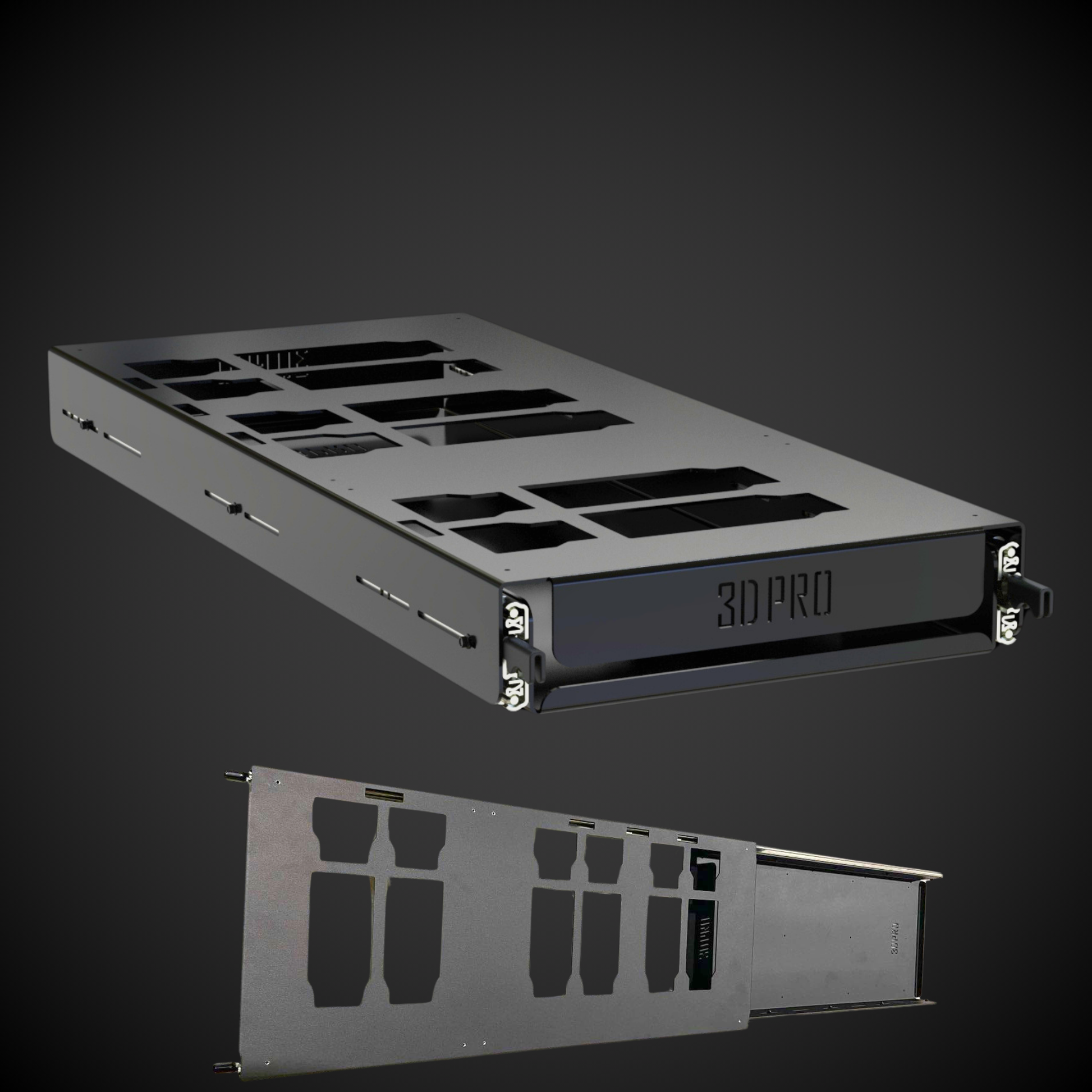 Metallic electronic component with '3DPRO' branding on a dark background