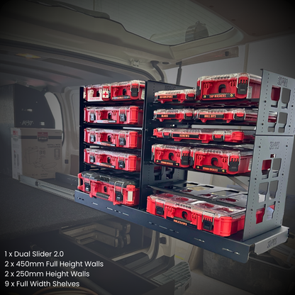 Storage rack with red tool boxes inside a vehicle, showing storage capacity details.